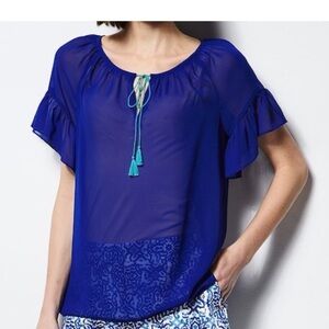 Milly Silk Sheer Blue Tassel Tie Blouse | Flutter Sleeve Designer Top Small